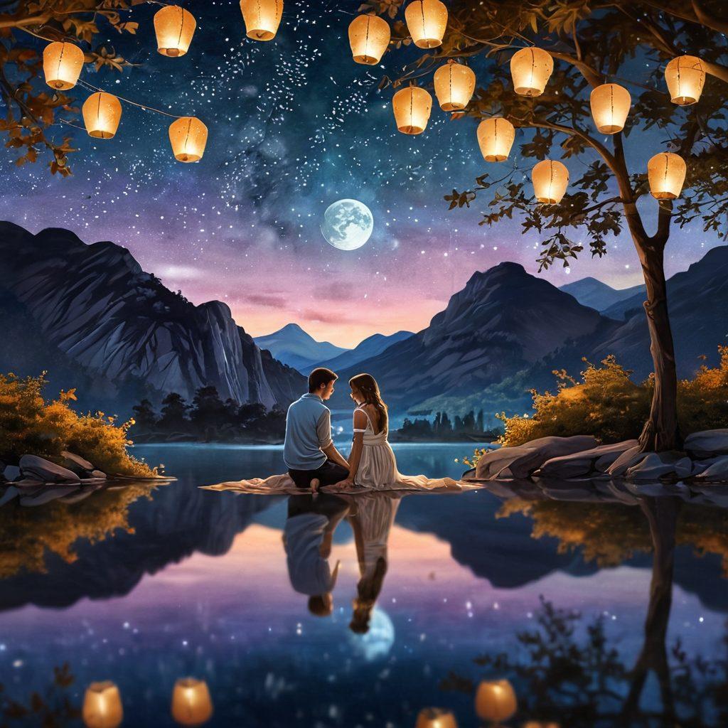 A tender scene of a couple sharing a warm embrace under a starlit sky, surrounded by soft glowing lanterns that symbolize intimacy and love. The couple gazes into each other's eyes, capturing a moment of adoration, with delicate flowers scattered around them. The background features a serene landscape with gentle hills and a moonlit reflection on tranquil water. super-realistic. vibrant colors. dreamy atmosphere.