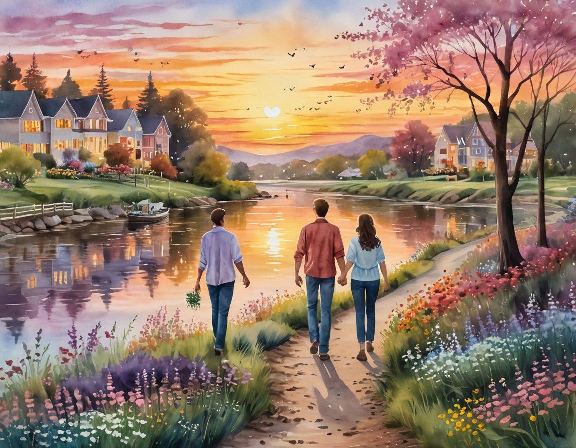 A serene and romantic landscape depicting intertwined couples walking hand-in-hand along a picturesque riverbank, surrounded by blooming flowers and warm sunset hues. In the foreground, hearts of diverse designs float gently in the air, symbolizing love in all its forms. The background shows a charming community filled with laughter and connection. watercolor painting. soft pastel colors. whimsical style.