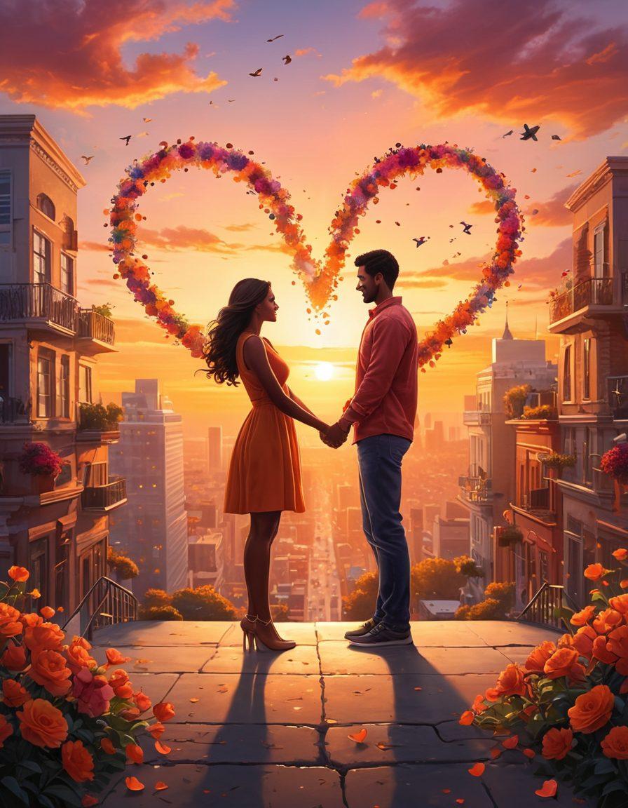 A romantic sunset scene overlooking a bustling city, with couples holding hands and sharing laughter, symbolizing deep connections. In the foreground, a heart-shaped geometric design made of intertwining flowers and hearts, representing the essence of love. Soft, warm colors to evoke passion and intimacy while birds soar through the sky, enhancing the sense of freedom in relationships. super-realistic. vibrant colors. warm tones.